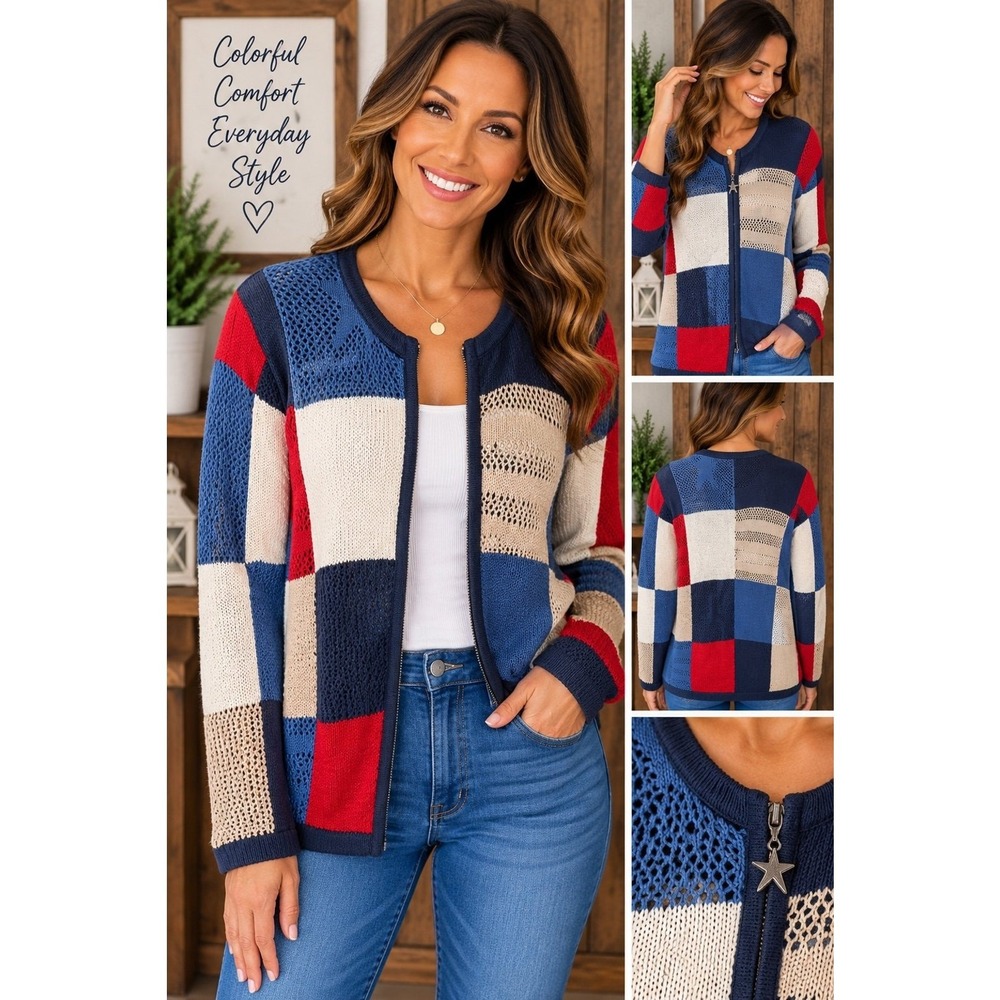 CJ Banks Womens 1X Patchwork Knit Cardigan Full Zip Star Zipper Americana Navy